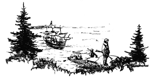 Sailing ship in colonial harbor