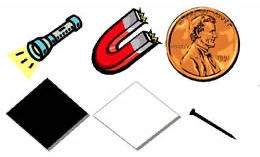 Backpack contents revealed: flashlight, magnet, penny, black streak plate, white streak plate, and a nail.