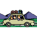 Animated modern family car driving by mountains
