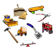 Collage of simple machines like hammer, seesaw and dust pan